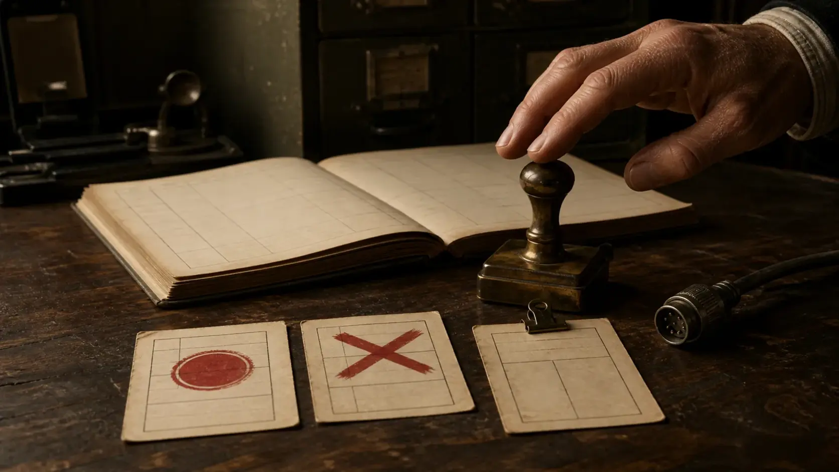 A reviewer pauses above a stamp while approved, rejected, and undecided proposal cards remain separate