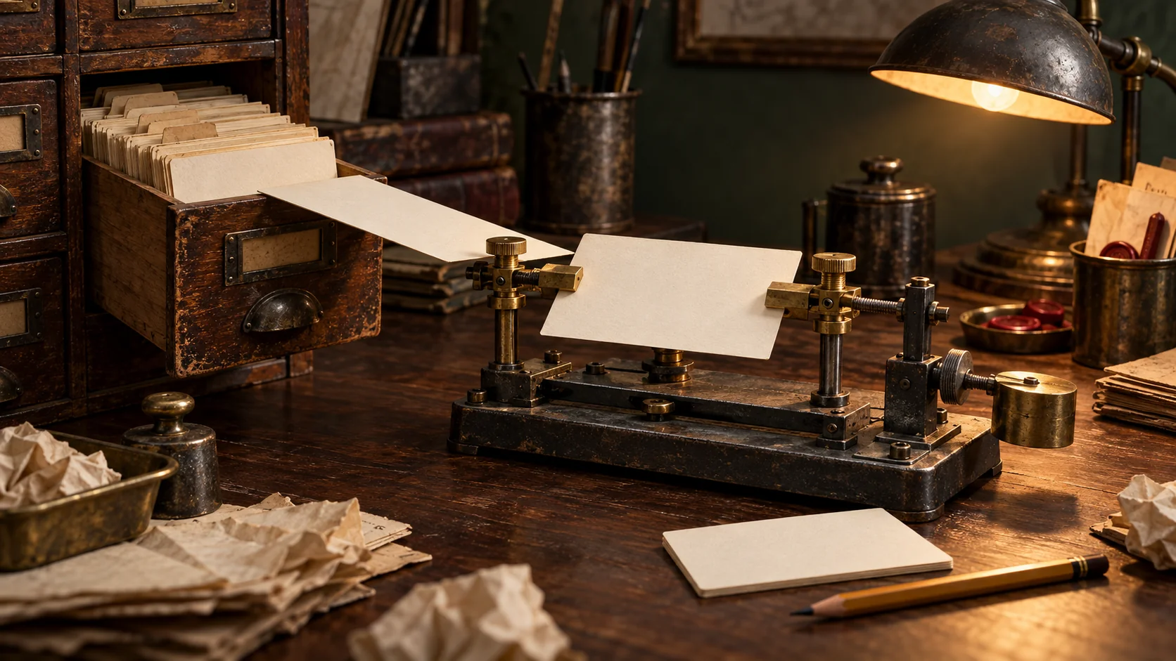 An index card taken from an archive drawer and placed in a mechanical testing jig on a workbench