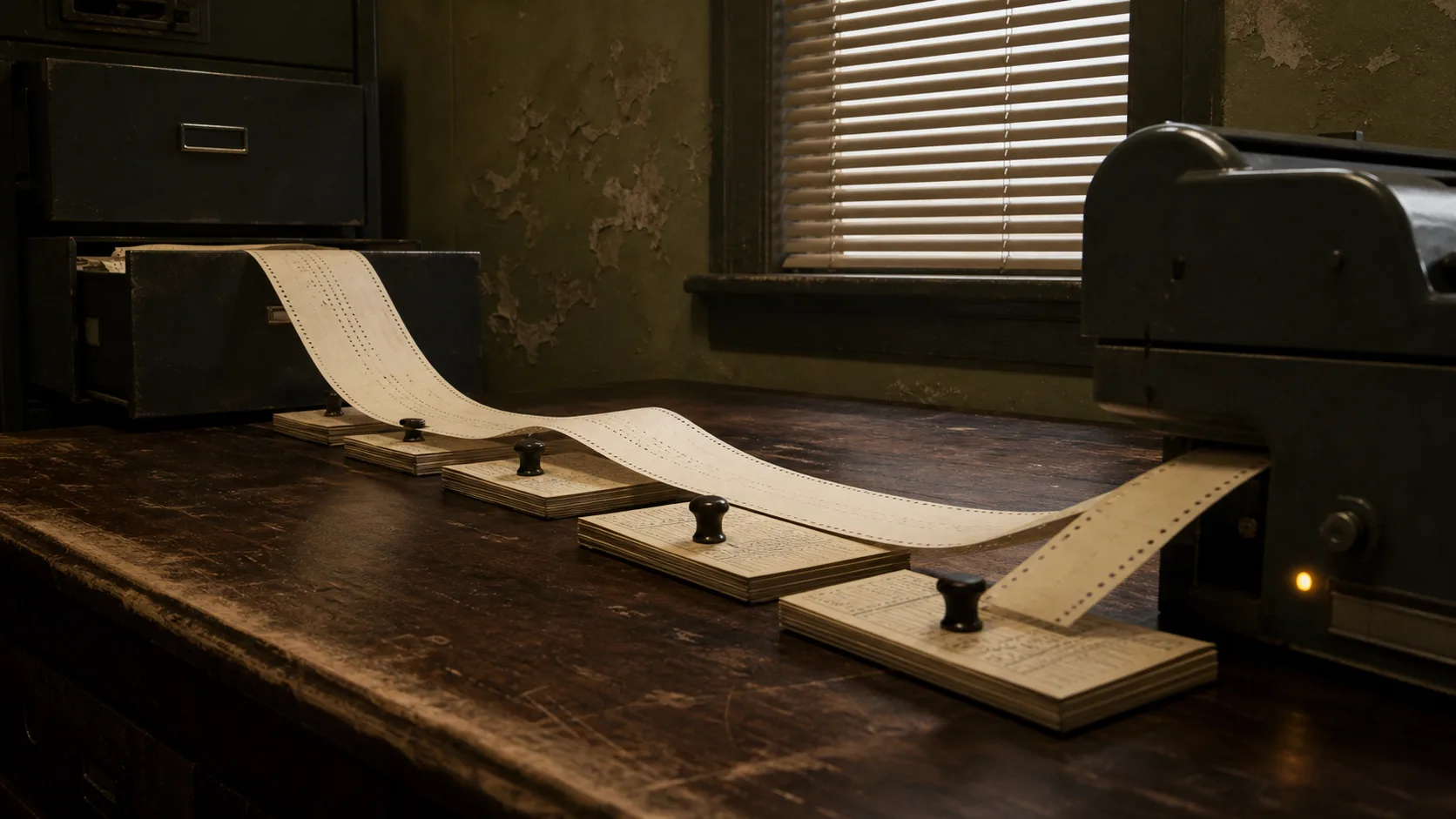 A continuous paper trail passes stamped records and enters an archive cabinet
