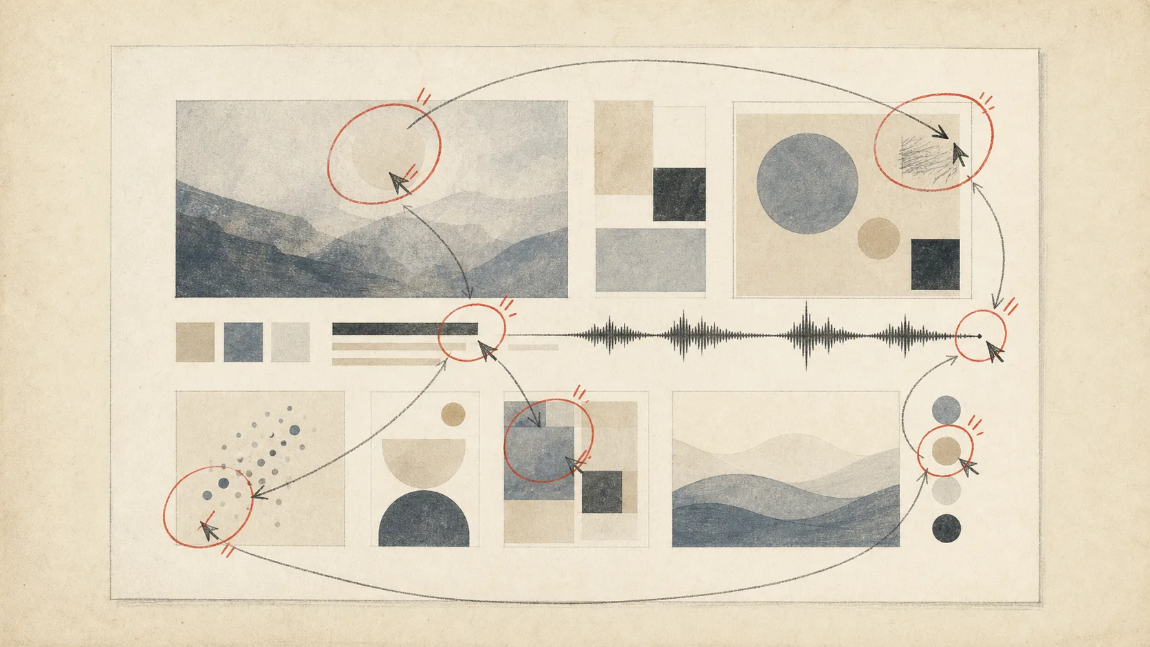 Several vermilion circles and a horizontal sound waveform mark regions on one presentation page