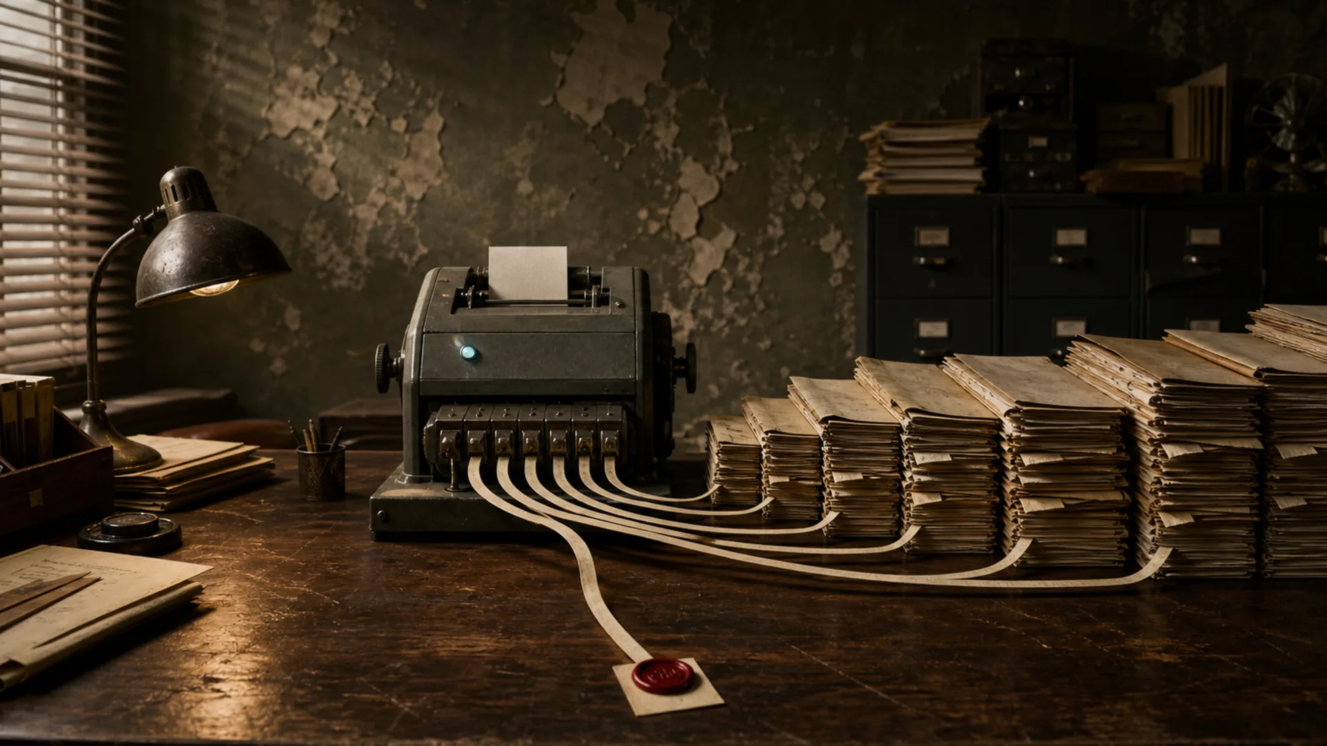 A blank note enters an old analysis machine, branches into accumulating paper archives, and leaves one path ending at a red seal