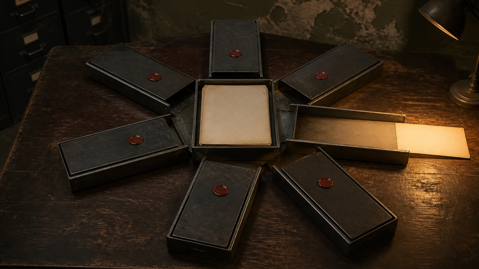 A central dossier connects to seven paths, six sealed and one left open toward warm light
