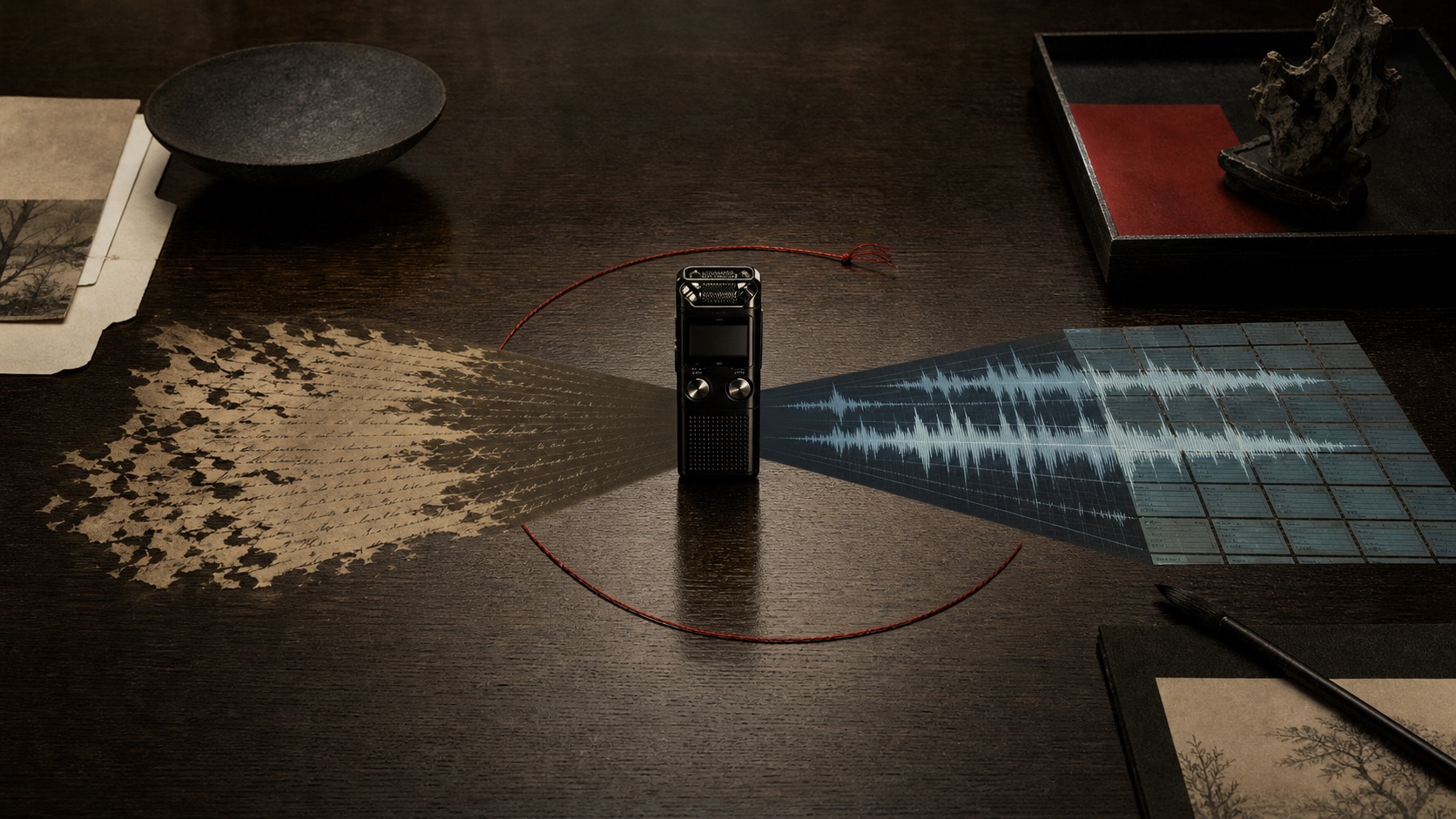 A tabletop recorder divides a conversation into handwritten traces and searchable audio waveforms