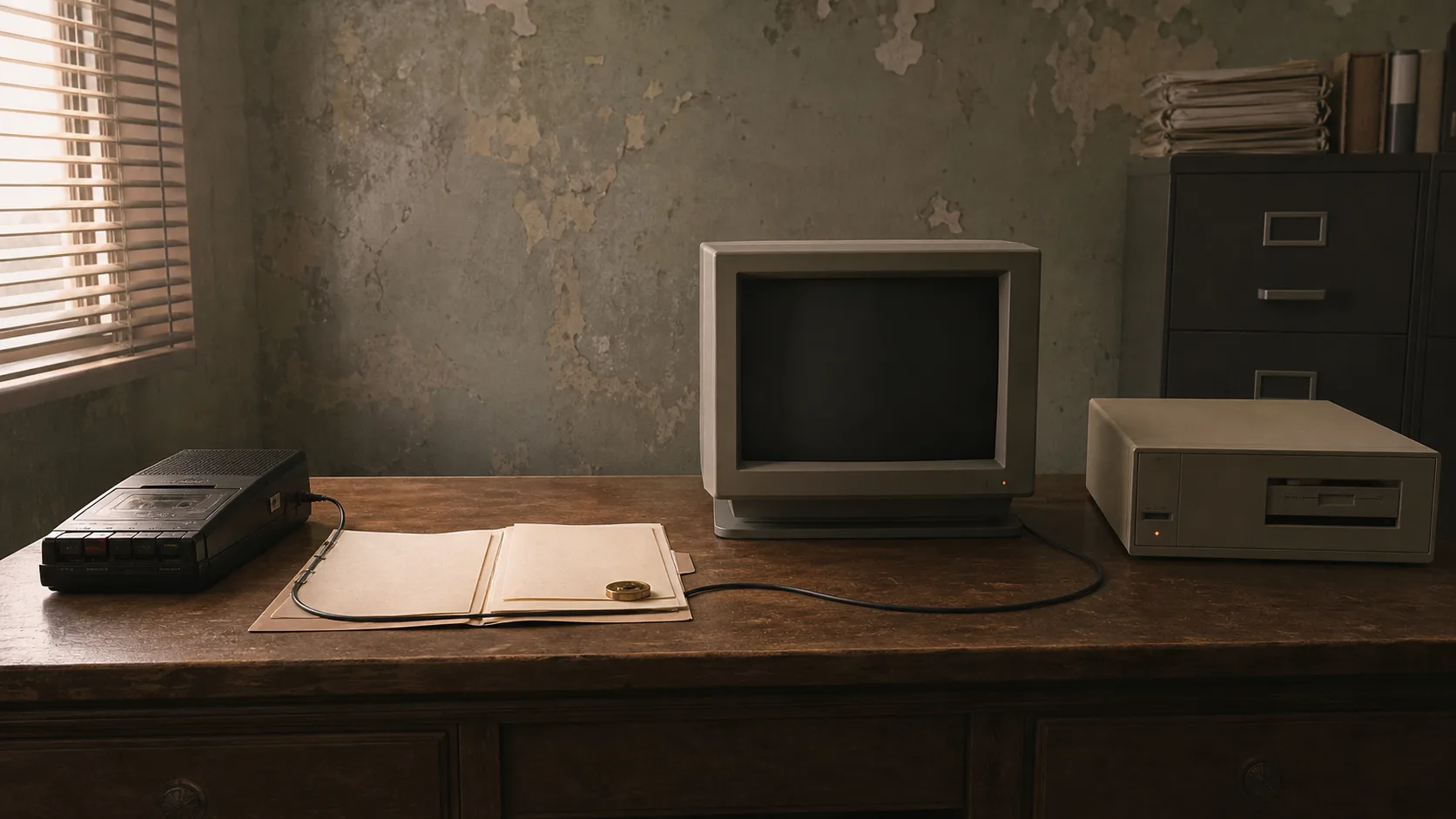 A continuous cable runs through a terminal, a dossier, and a recorder